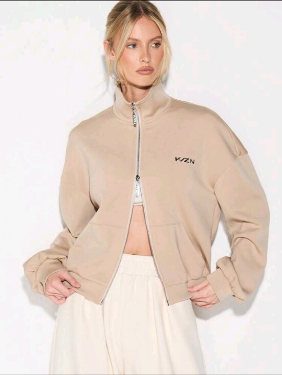 KIZN Jackets & Blazers - K/ZN Women's Beige Neoprene Double Zip-Up Jacket XL